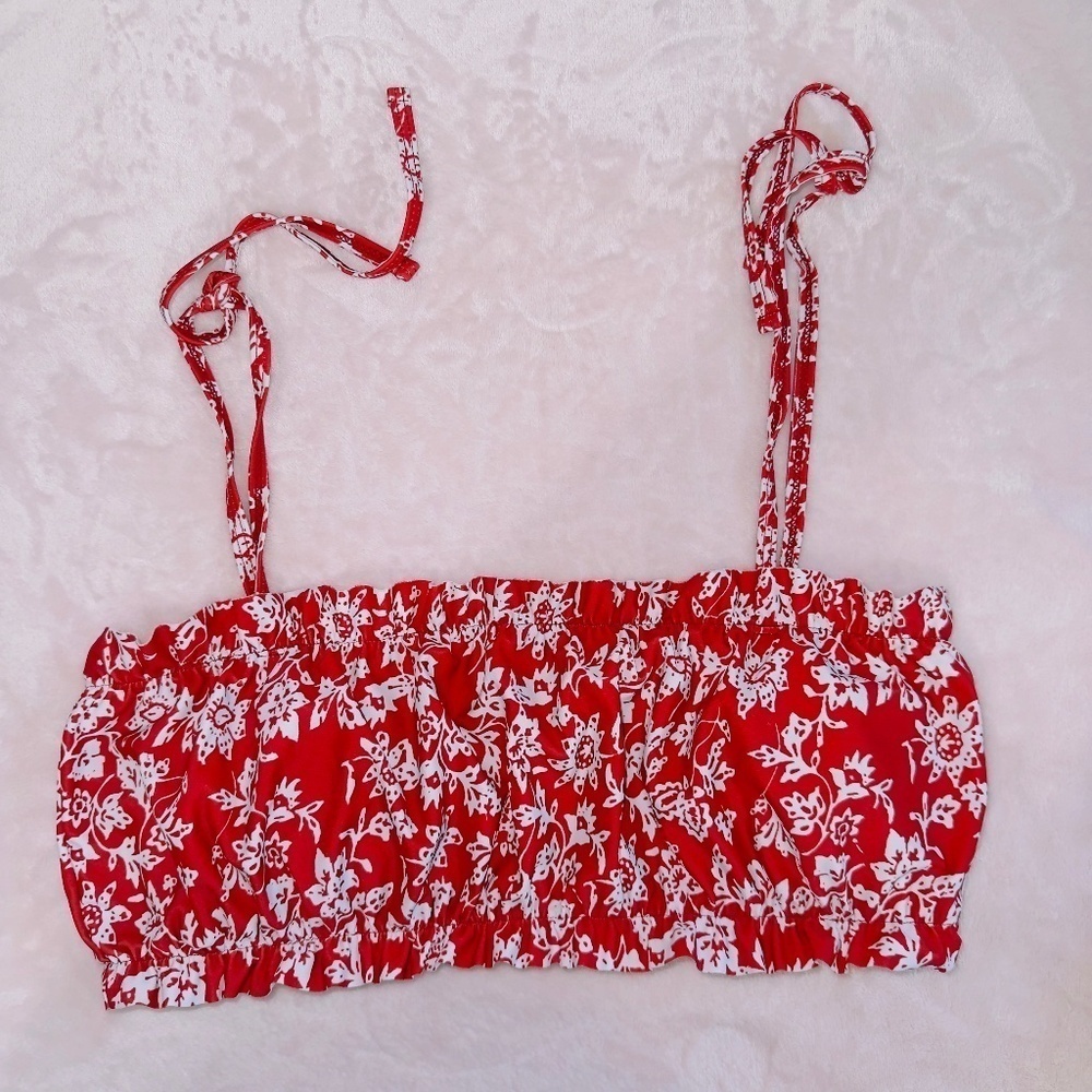 Romwe Red Floral Print Tie Bandeau Bikini Top size large